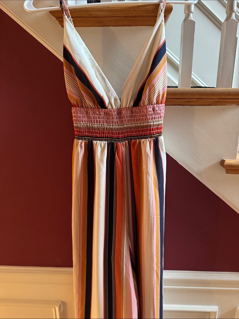 Striped V-Neck Maxi Jumpsuit in Pink and Navy